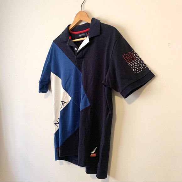 NAUTICA Short Sleeve Polo Tee 90’s Style Navy Blue and White Casual Men Sz Med - Picture 2 of 8